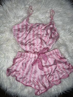 Victoria's Secret Pink Striped Satin PJ Set with Ruffled Shorts Size Medium